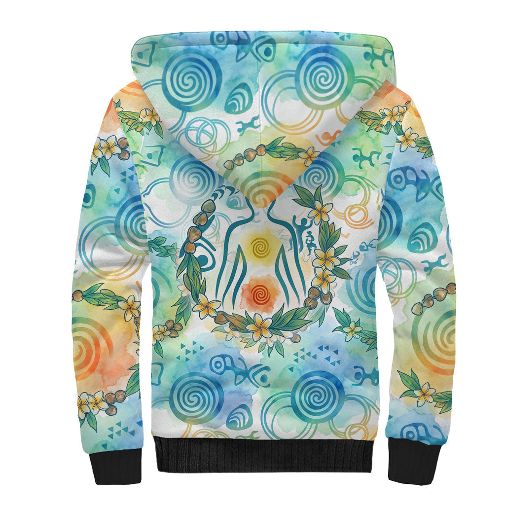 Hawaiian Piko Cultural Pride Aloha Sherpa Hoodie Watercolor Spiral Art - Tropical Plumeria Lei Garland