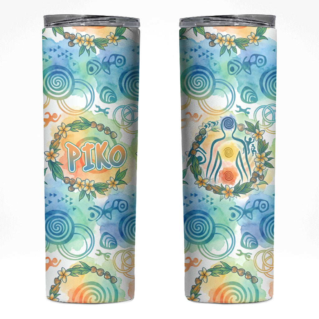 Hawaiian Piko Cultural Pride Aloha Skinny Tumbler Watercolor Spiral Art - Tropical Plumeria Lei Garland