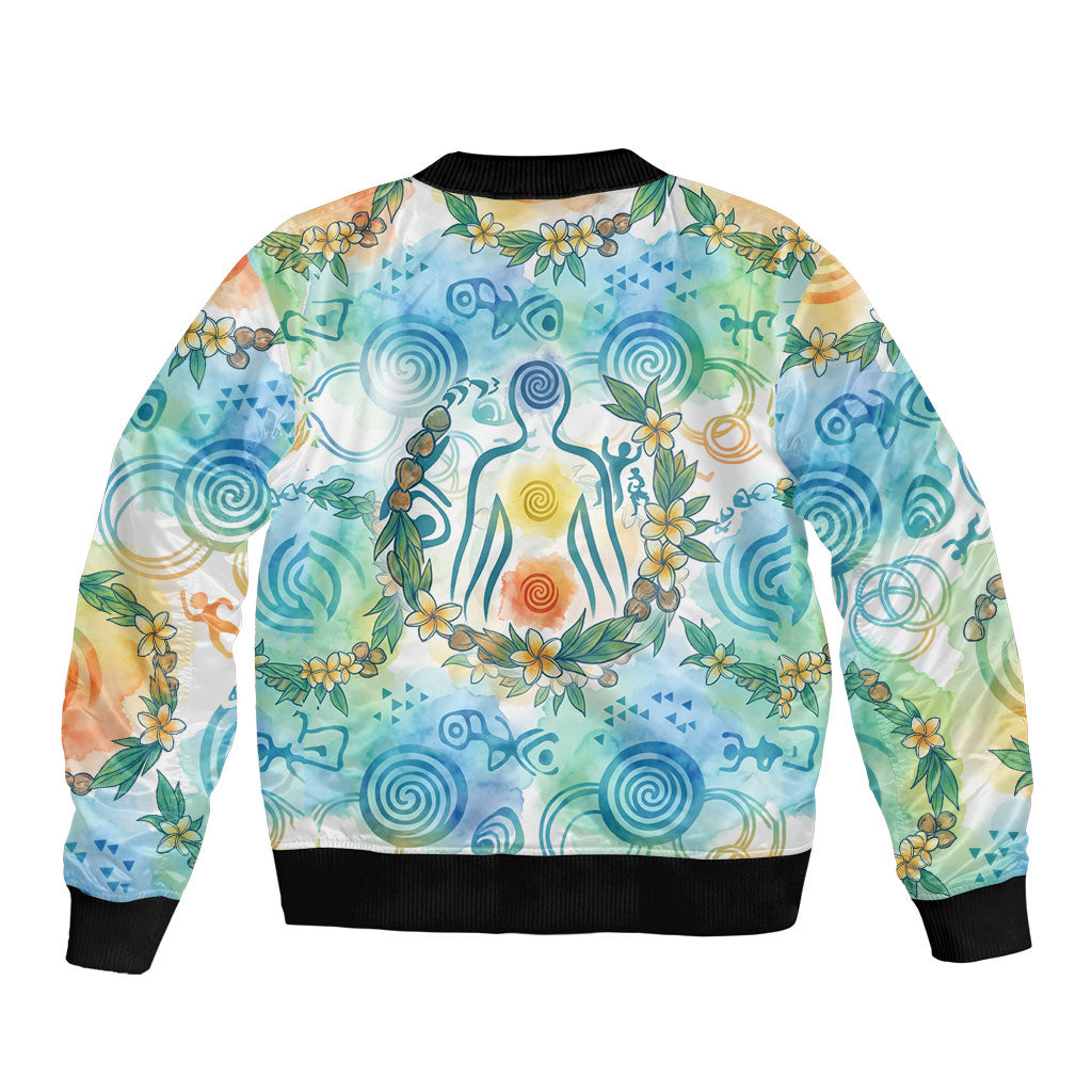Hawaiian Piko Cultural Pride Aloha Sleeve Zip Bomber Jacket Watercolor Spiral Art - Tropical Plumeria Lei Garland