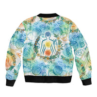 Hawaiian Piko Cultural Pride Aloha Sleeve Zip Bomber Jacket Watercolor Spiral Art - Tropical Plumeria Lei Garland