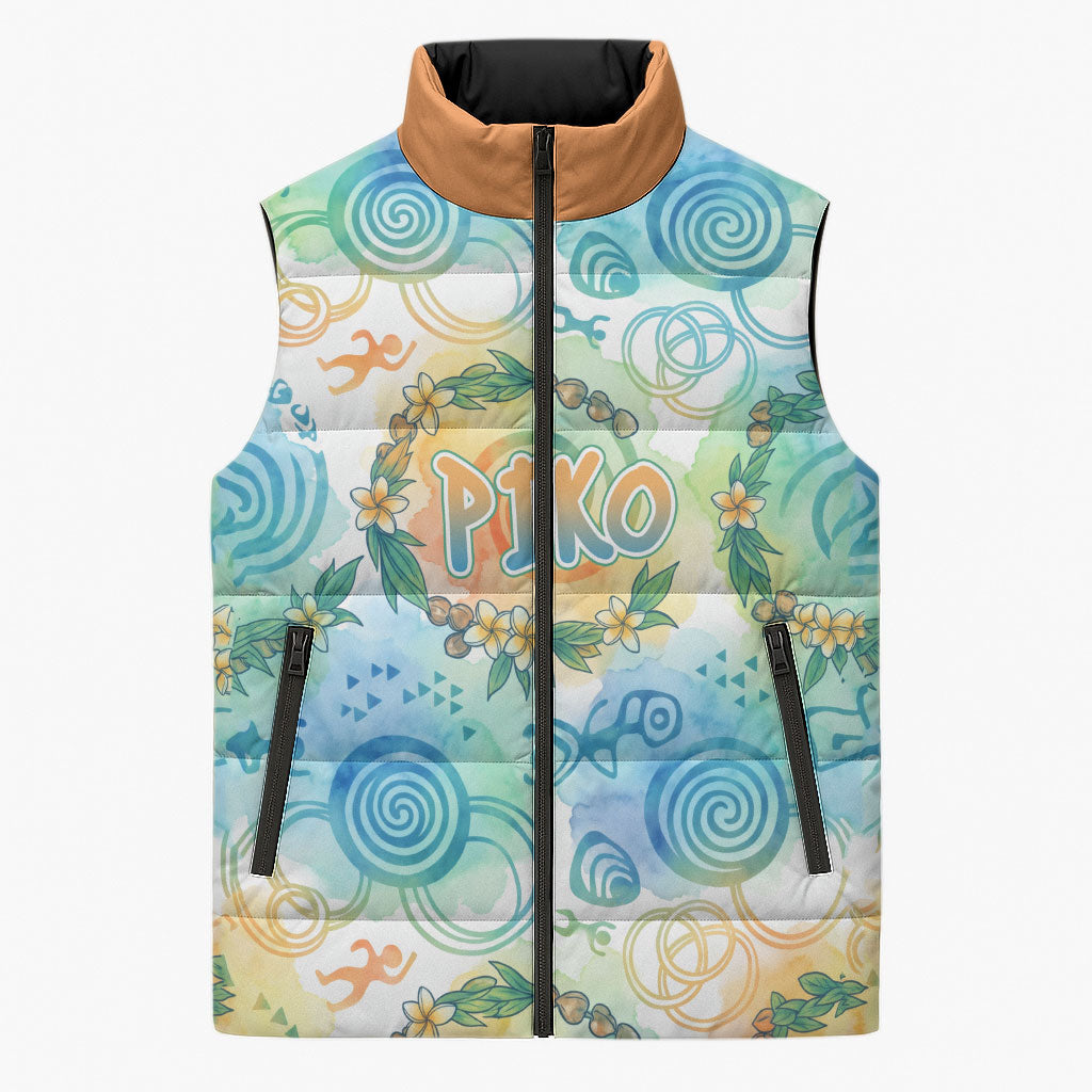 Hawaiian Piko Cultural Pride Aloha Sleeveless Puffer Jacket Watercolor Spiral Art - Tropical Plumeria Lei Garland
