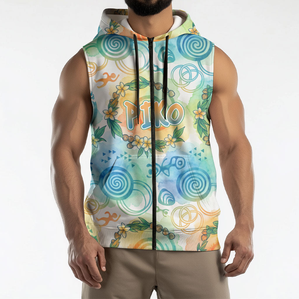 Hawaiian Piko Cultural Pride Aloha Sleeveless Zip Hoodie Watercolor Spiral Art - Tropical Plumeria Lei Garland