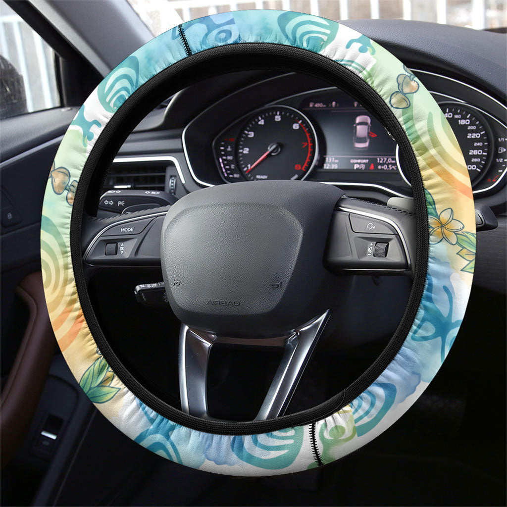 Hawaiian Piko Cultural Pride Aloha Steering Wheel Cover Watercolor Spiral Art - Tropical Plumeria Lei Garland