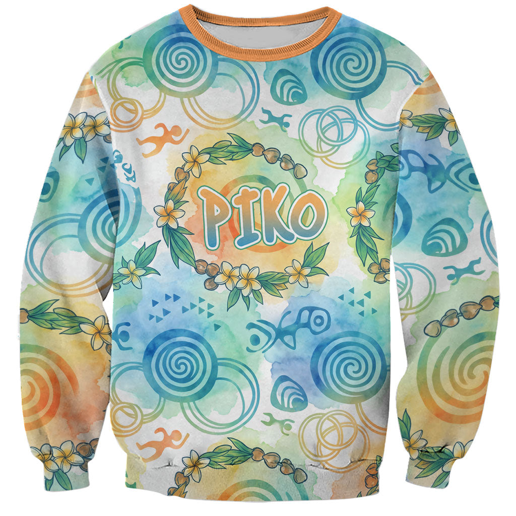 Hawaiian Piko Cultural Pride Aloha Sweatshirt Watercolor Spiral Art - Tropical Plumeria Lei Garland