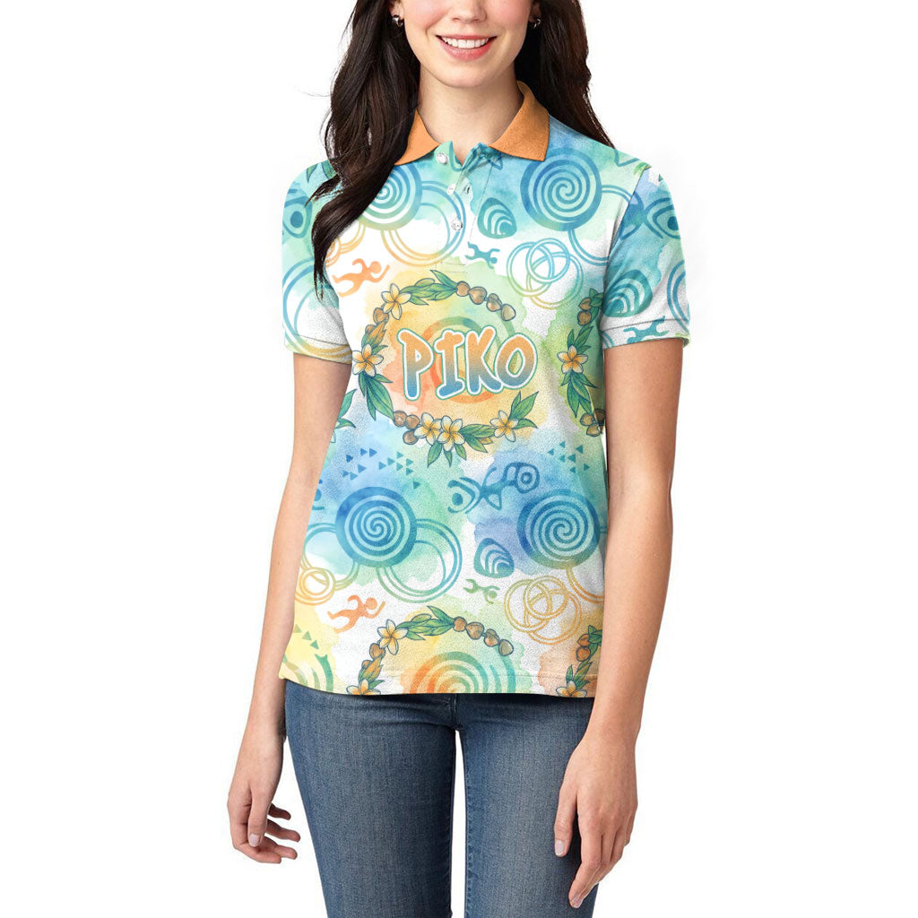 Hawaiian Piko Cultural Pride Aloha Women Polo Shirt Watercolor Spiral Art - Tropical Plumeria Lei Garland