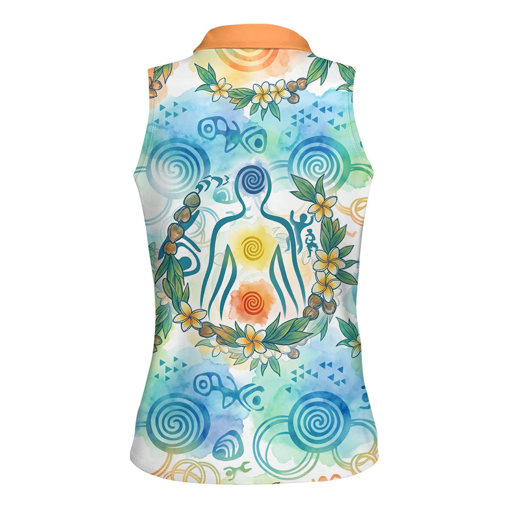 Hawaiian Piko Cultural Pride Aloha Women Sleeveless Polo Shirt Watercolor Spiral Art - Tropical Plumeria Lei Garland