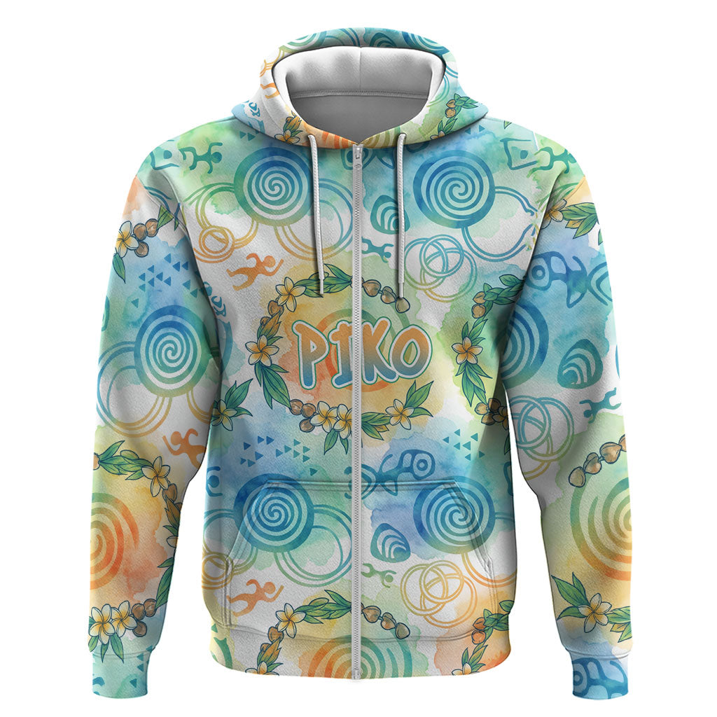 Hawaiian Piko Cultural Pride Aloha Zip Hoodie Watercolor Spiral Art - Tropical Plumeria Lei Garland TS04 Zip Hoodie White Blue - Polynesian Pride
