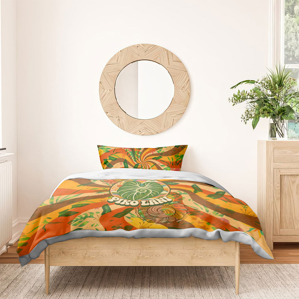 Hawaiian Piko Lani Cultivate I Ka Piko Aloha Bedding Set Retro Psychedelic Taro Leaf - Hibiscus Flowers