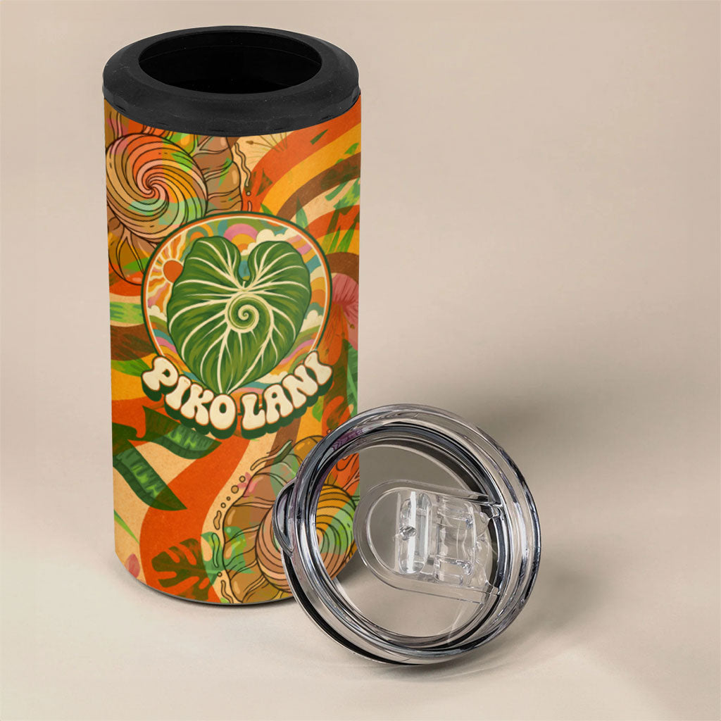 Hawaiian Piko Lani Cultivate I Ka Piko Aloha 4 in 1 Can Cooler Tumbler Retro Psychedelic Taro Leaf - Hibiscus Flowers