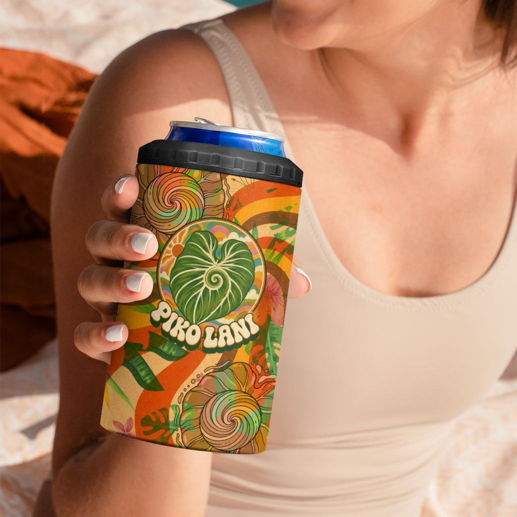 Hawaiian Piko Lani Cultivate I Ka Piko Aloha 4 in 1 Can Cooler Tumbler Retro Psychedelic Taro Leaf - Hibiscus Flowers