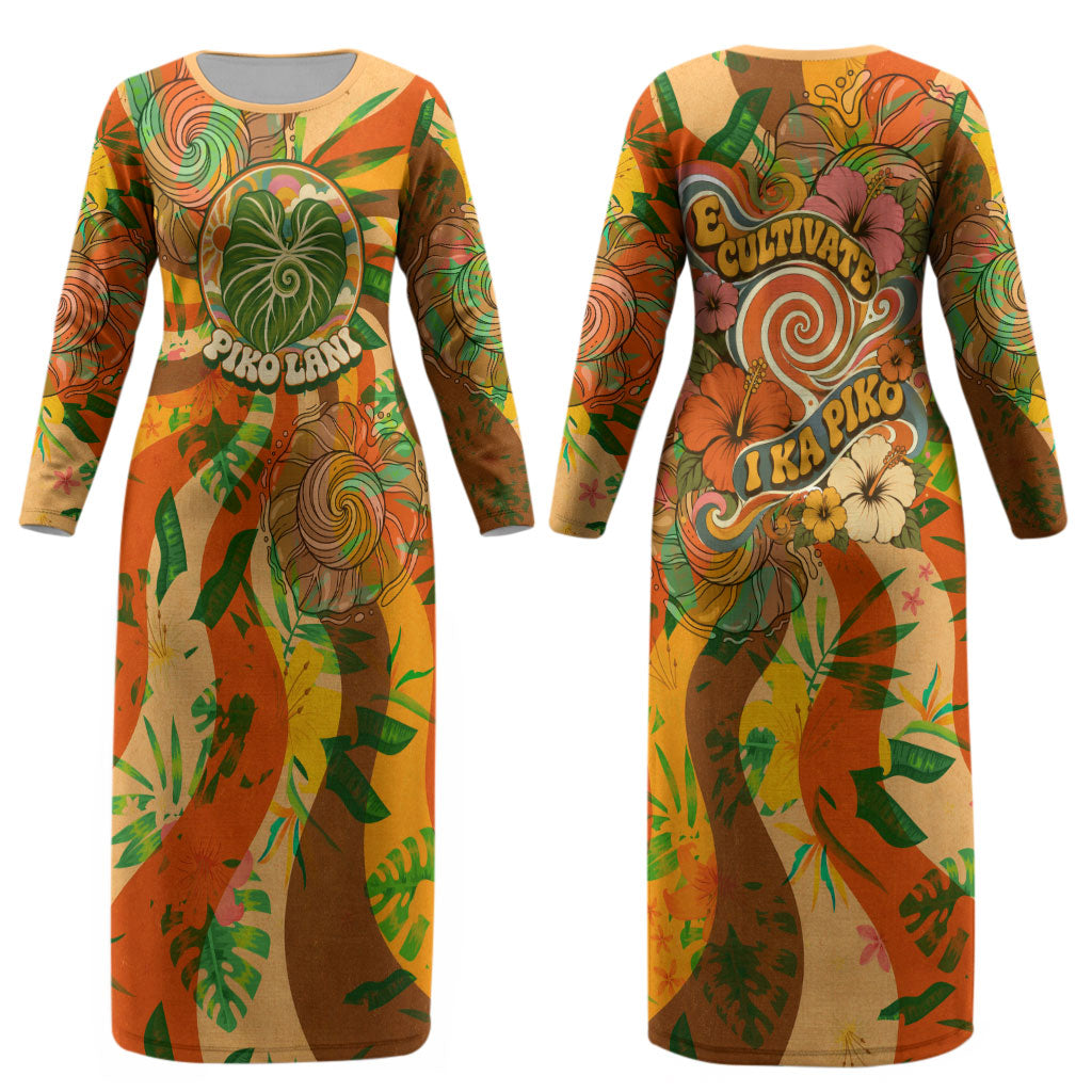 Hawaiian Piko Lani Cultivate I Ka Piko Aloha Couples Matching Long Sleeve Bodycon Dress and Hawaiian Shirt Retro Psychedelic Taro Leaf - Hibiscus Flowers