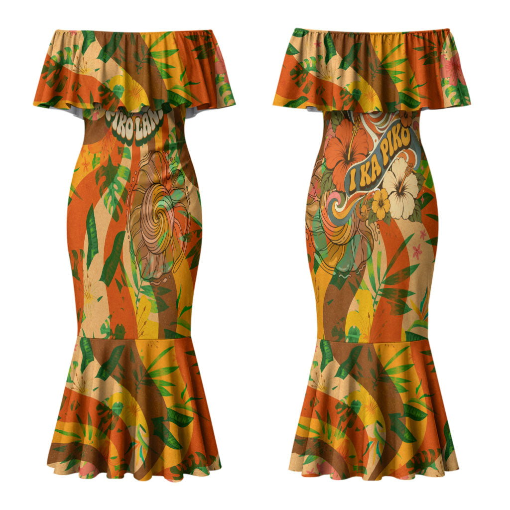 Hawaiian Piko Lani Cultivate I Ka Piko Aloha Couples Matching Mermaid Dress and Long Sleeve Button Shirt Retro Psychedelic Taro Leaf - Hibiscus Flowers