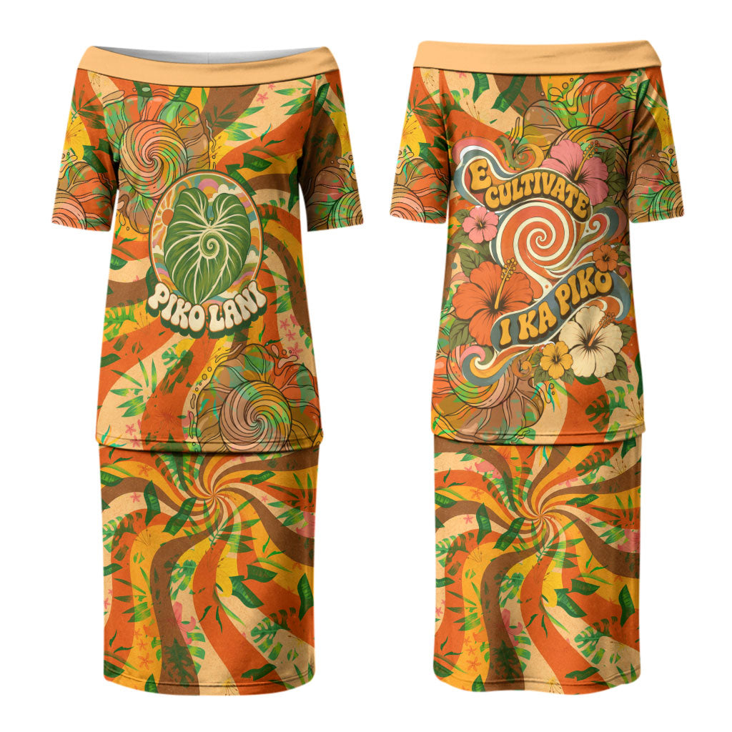 Hawaiian Piko Lani Cultivate I Ka Piko Aloha Couples Matching Puletasi and Hawaiian Shirt Retro Psychedelic Taro Leaf - Hibiscus Flowers
