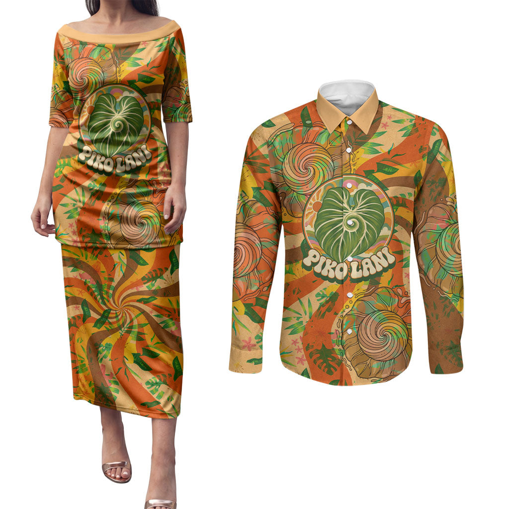 Hawaiian Piko Lani Cultivate I Ka Piko Aloha Couples Matching Puletasi and Long Sleeve Button Shirt Retro Psychedelic Taro Leaf - Hibiscus Flowers