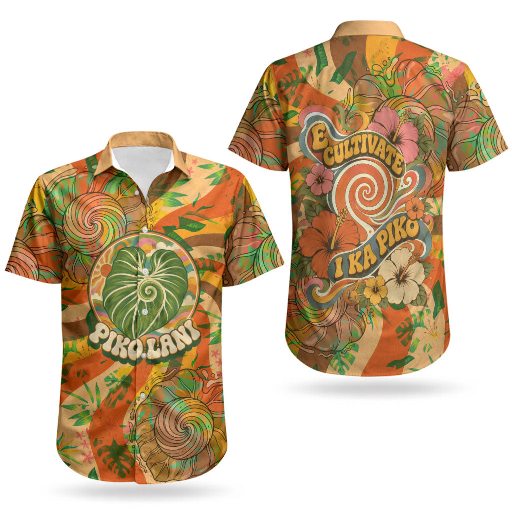 Hawaiian Piko Lani Cultivate I Ka Piko Aloha Couples Matching Short Sleeve Bodycon Dress and Hawaiian Shirt Retro Psychedelic Taro Leaf - Hibiscus Flowers