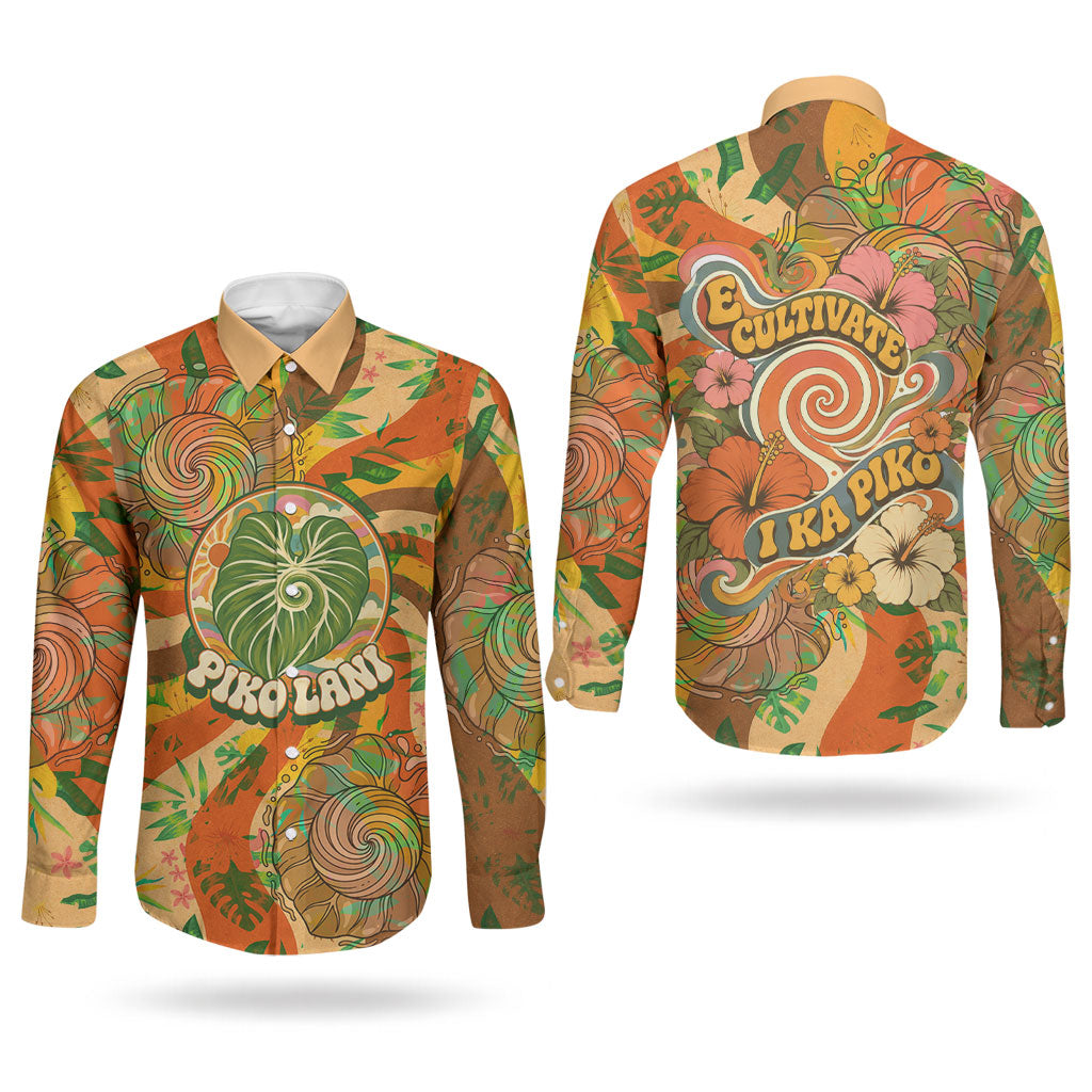 Hawaiian Piko Lani Cultivate I Ka Piko Aloha Couples Matching Summer Maxi Dress and Long Sleeve Button Shirt Retro Psychedelic Taro Leaf - Hibiscus Flowers