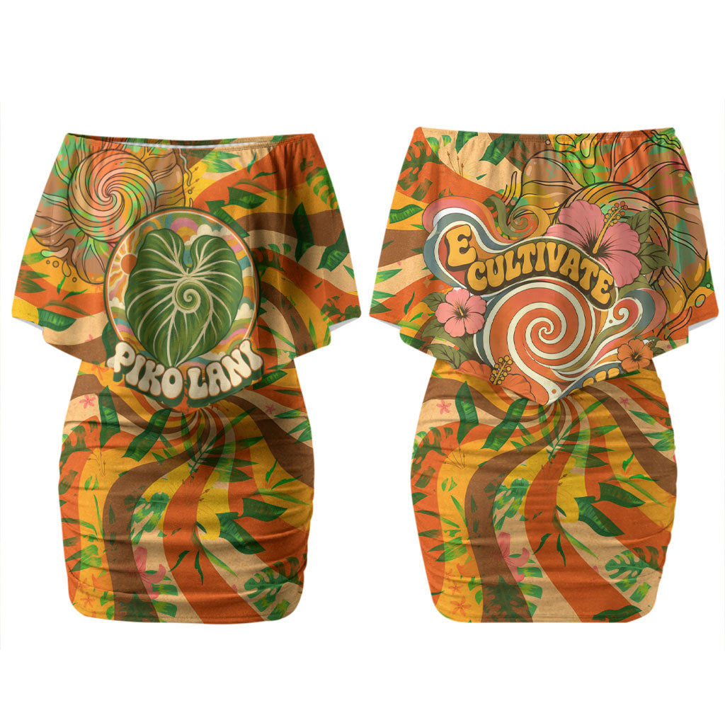 Hawaiian Piko Lani Cultivate I Ka Piko Aloha Family Matching Off Shoulder Short Dress and Hawaiian Shirt Retro Psychedelic Taro Leaf - Hibiscus Flowers