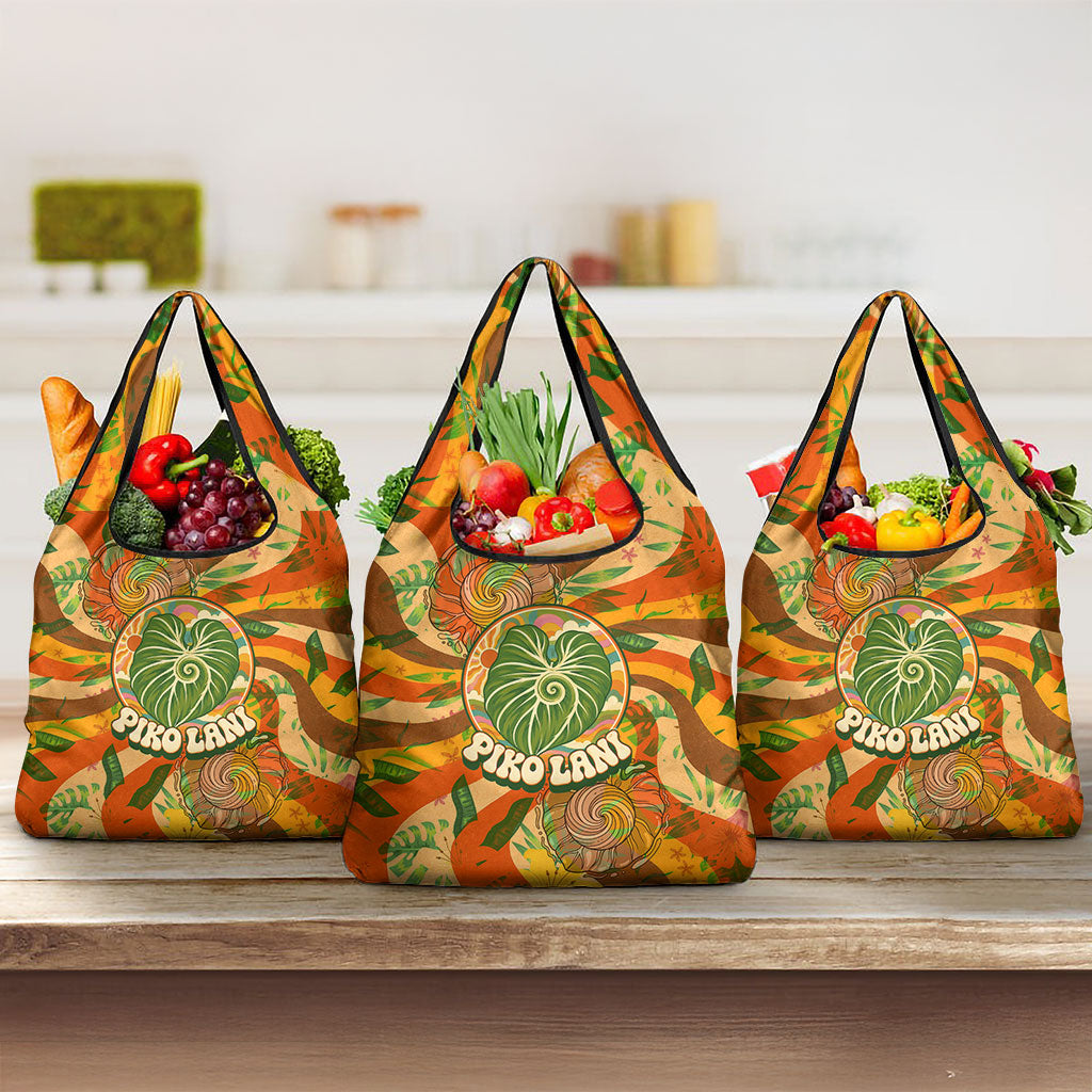 Hawaiian Piko Lani Cultivate I Ka Piko Aloha Grocery Bag Retro Psychedelic Taro Leaf - Hibiscus Flowers