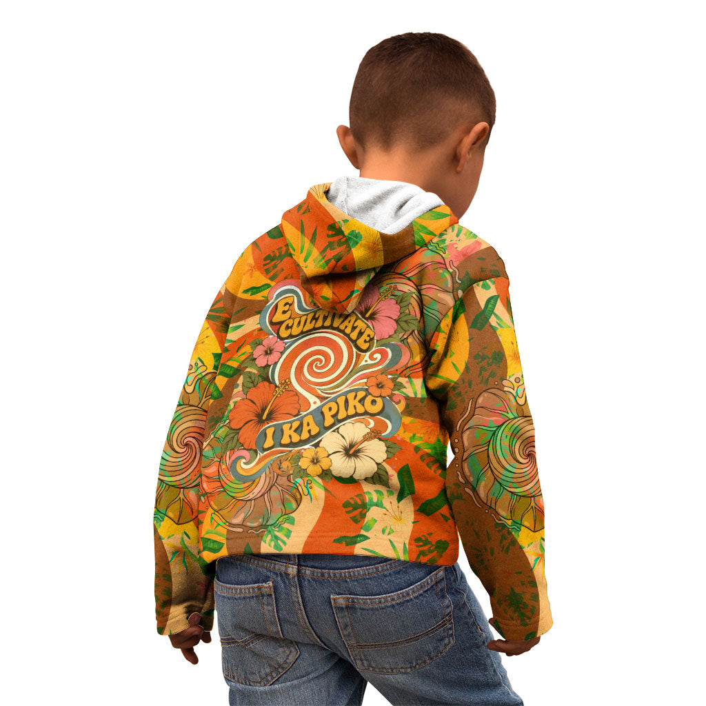 Hawaiian Piko Lani Cultivate I Ka Piko Aloha Kid Hoodie Retro Psychedelic Taro Leaf - Hibiscus Flowers