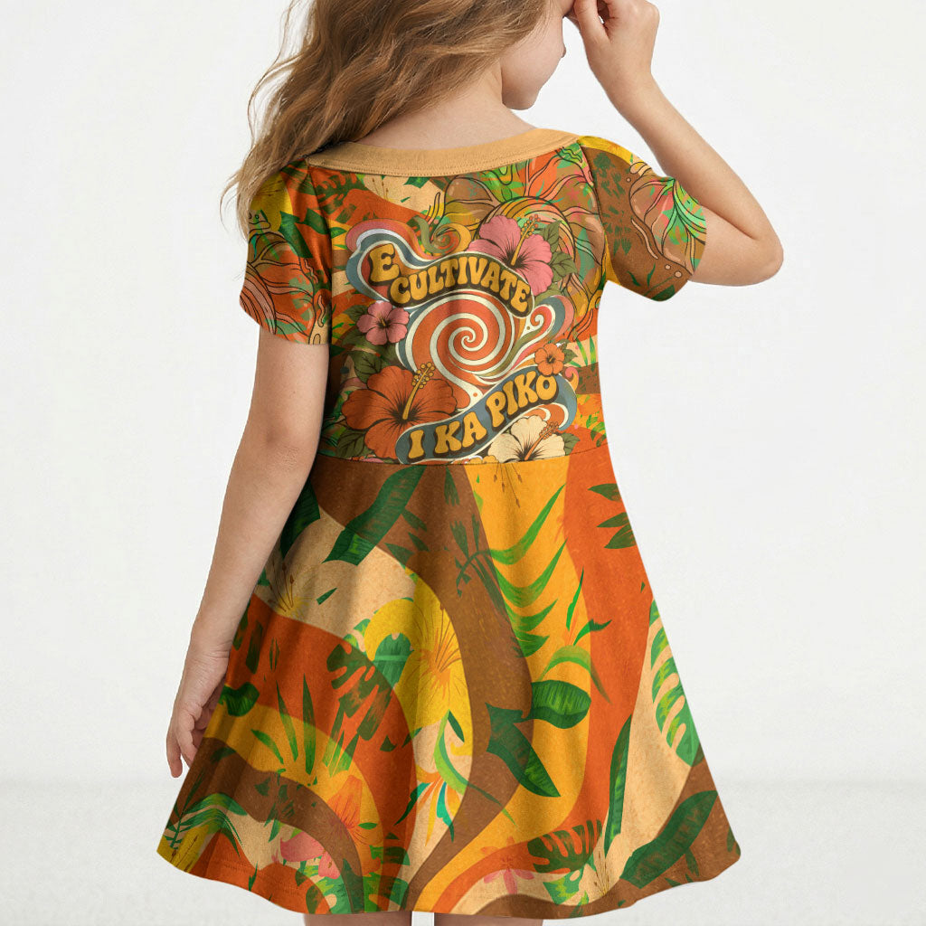 Hawaiian Piko Lani Cultivate I Ka Piko Aloha Kid Short Sleeve Dress Retro Psychedelic Taro Leaf - Hibiscus Flowers