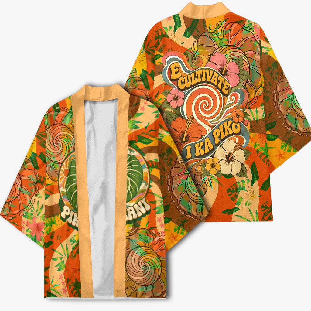 Hawaiian Piko Lani Cultivate I Ka Piko Aloha Kimono Retro Psychedelic Taro Leaf - Hibiscus Flowers