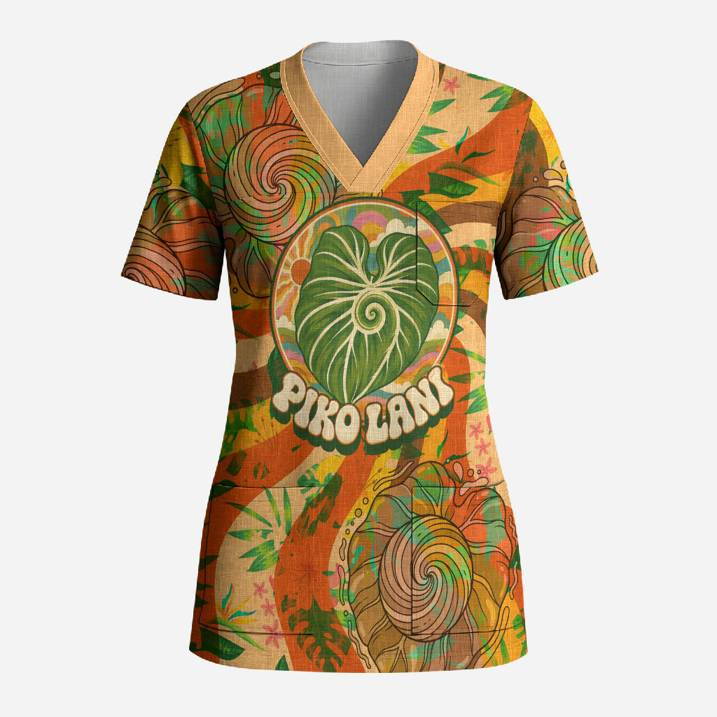 Hawaiian Piko Lani Cultivate I Ka Piko Aloha Scrub Top Retro Psychedelic Taro Leaf - Hibiscus Flowers