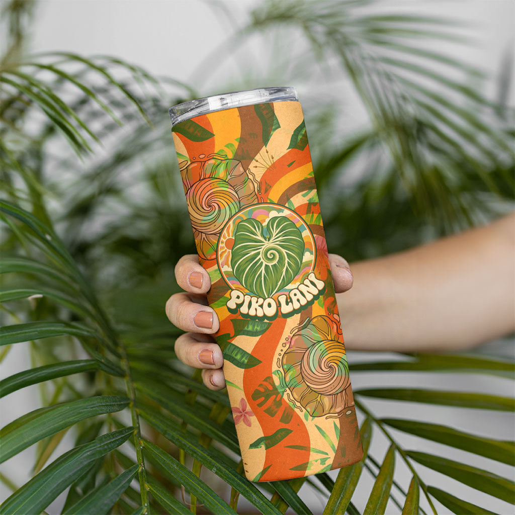 Hawaiian Piko Lani Cultivate I Ka Piko Aloha Skinny Tumbler Retro Psychedelic Taro Leaf - Hibiscus Flowers