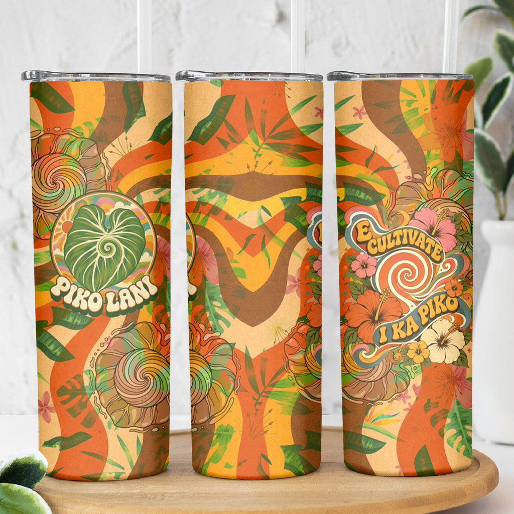 Hawaiian Piko Lani Cultivate I Ka Piko Aloha Skinny Tumbler Retro Psychedelic Taro Leaf - Hibiscus Flowers