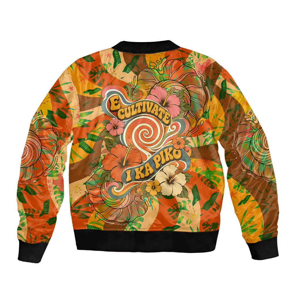Hawaiian Piko Lani Cultivate I Ka Piko Aloha Sleeve Zip Bomber Jacket Retro Psychedelic Taro Leaf - Hibiscus Flowers