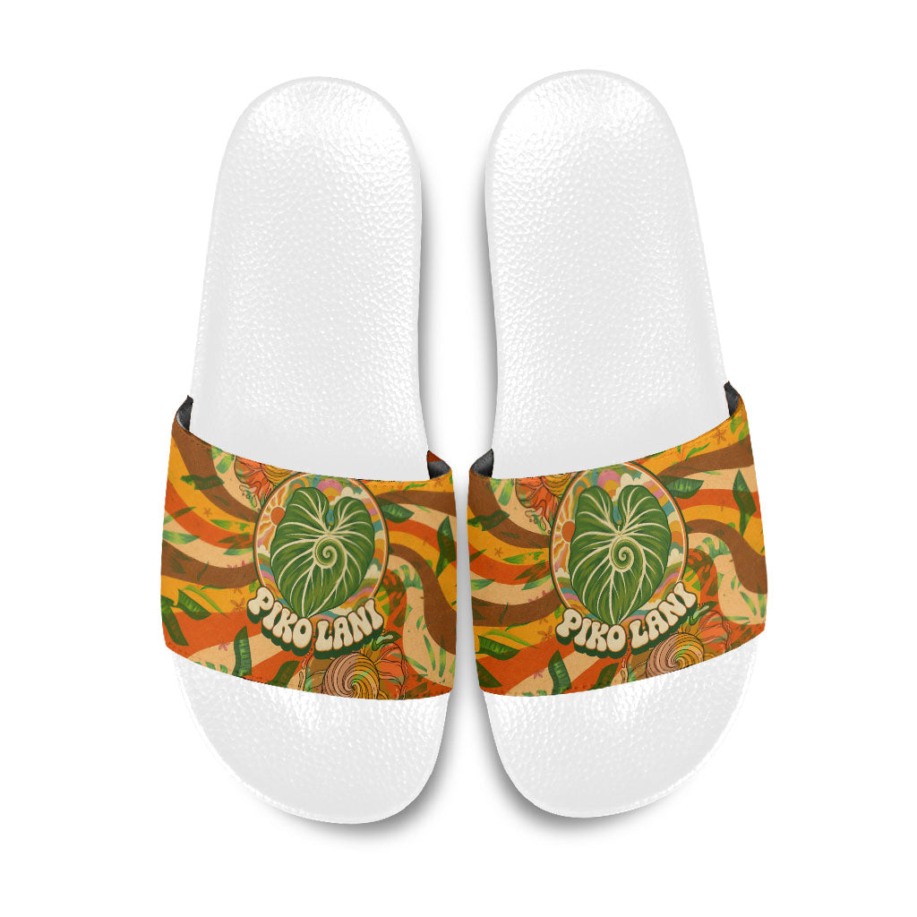 Hawaiian Piko Lani Cultivate I Ka Piko Aloha Slide Sandals Retro Psychedelic Taro Leaf - Hibiscus Flowers TS04 Orange Green - Polynesian Pride