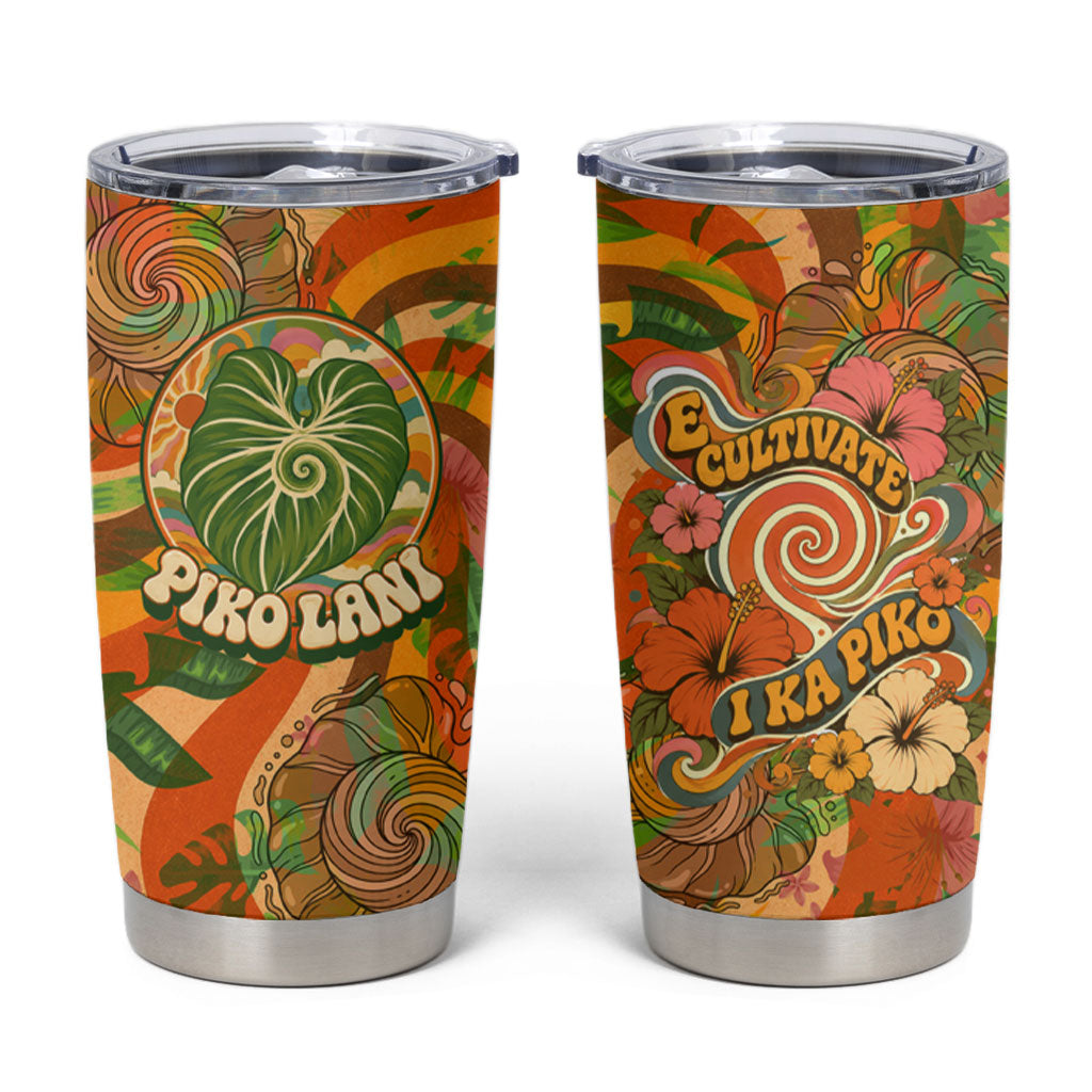 Hawaiian Piko Lani Cultivate I Ka Piko Aloha Tumbler Cup Retro Psychedelic Taro Leaf - Hibiscus Flowers