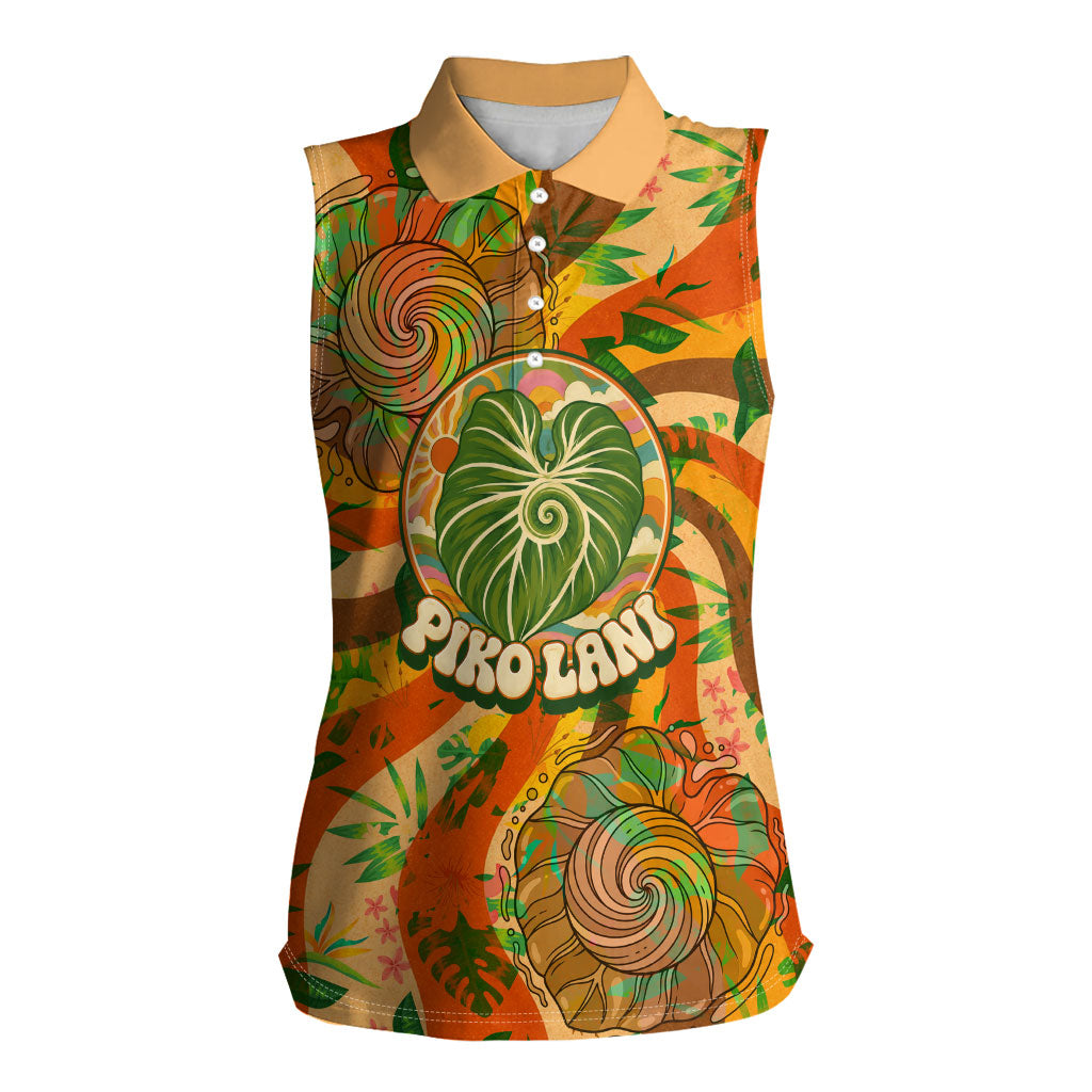 Hawaiian Piko Lani Cultivate I Ka Piko Aloha Women Sleeveless Polo Shirt Retro Psychedelic Taro Leaf - Hibiscus Flowers