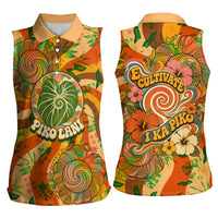 Hawaiian Piko Lani Cultivate I Ka Piko Aloha Women Sleeveless Polo Shirt Retro Psychedelic Taro Leaf - Hibiscus Flowers