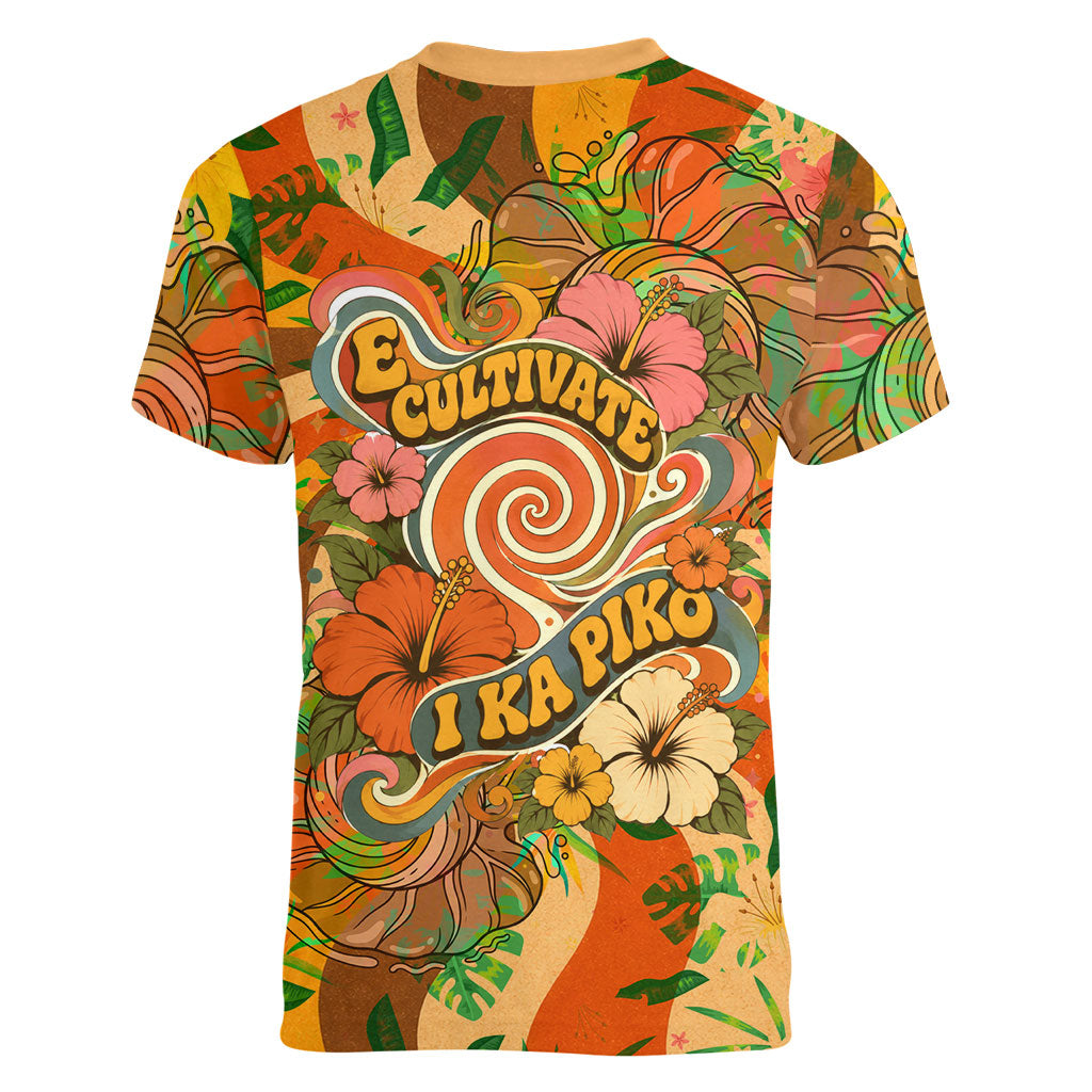 Hawaiian Piko Lani Cultivate I Ka Piko Aloha Women V-Neck T-Shirt Retro Psychedelic Taro Leaf - Hibiscus Flowers