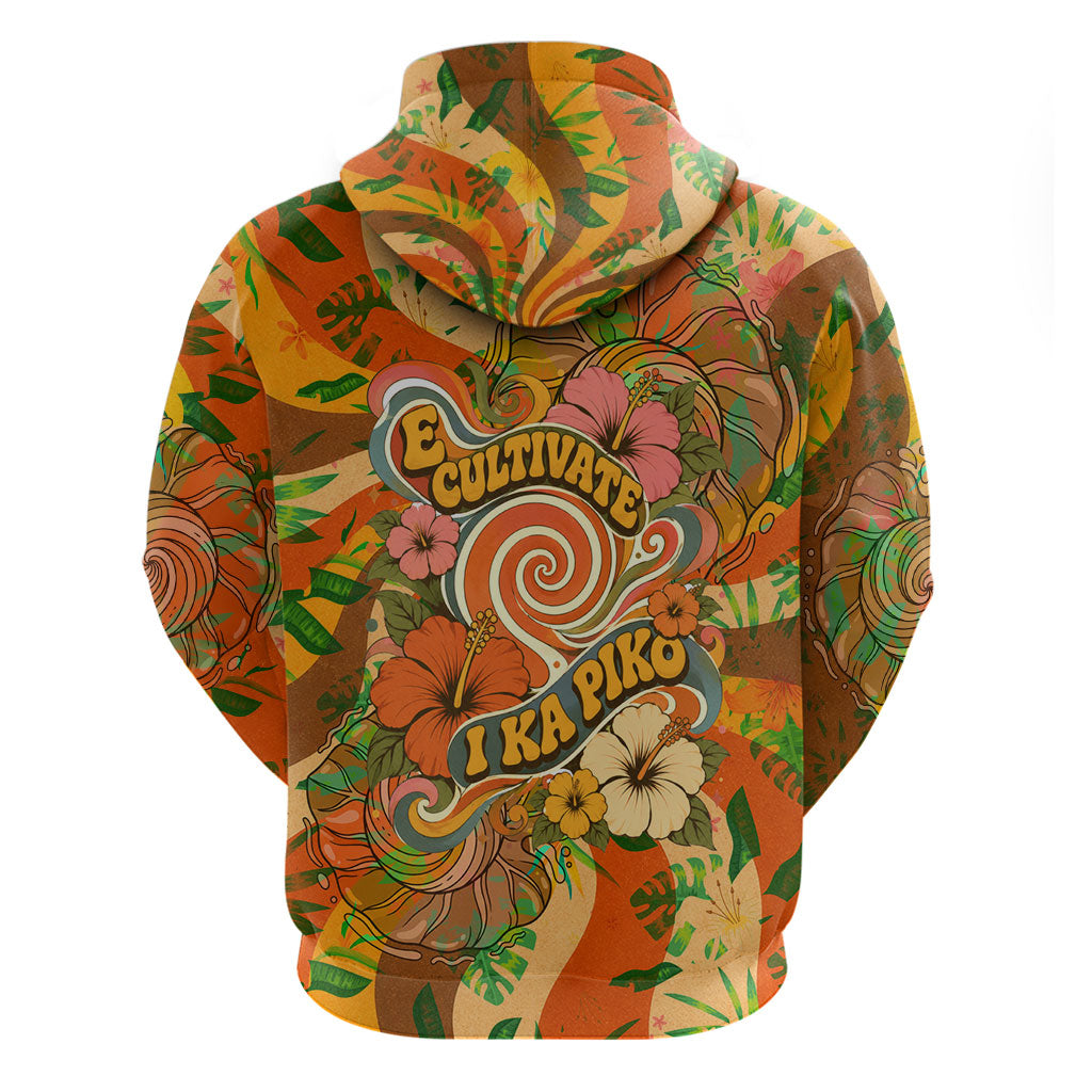 Hawaiian Piko Lani Cultivate I Ka Piko Aloha Zip Hoodie Retro Psychedelic Taro Leaf - Hibiscus Flowers