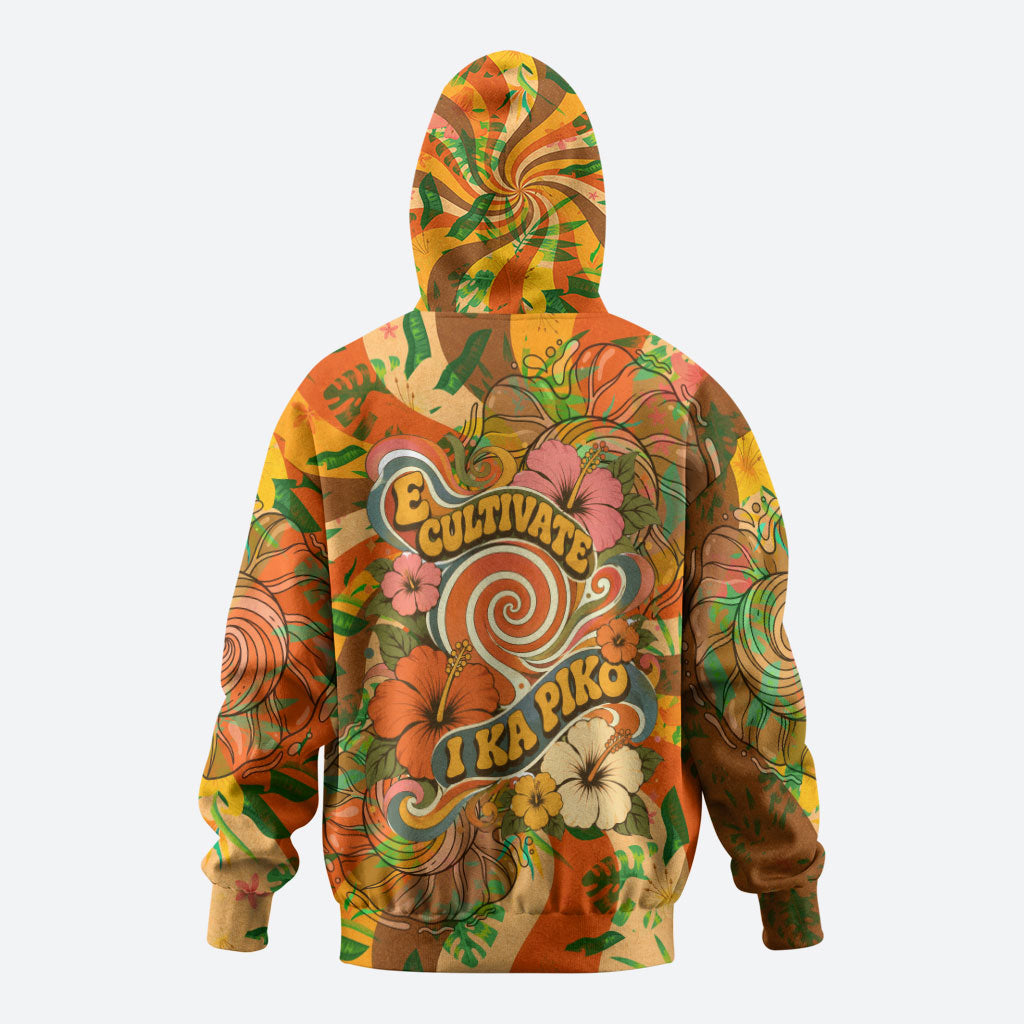 Hawaiian Piko Lani Cultivate I Ka Piko Aloha Zip Hoodie Retro Psychedelic Taro Leaf - Hibiscus Flowers