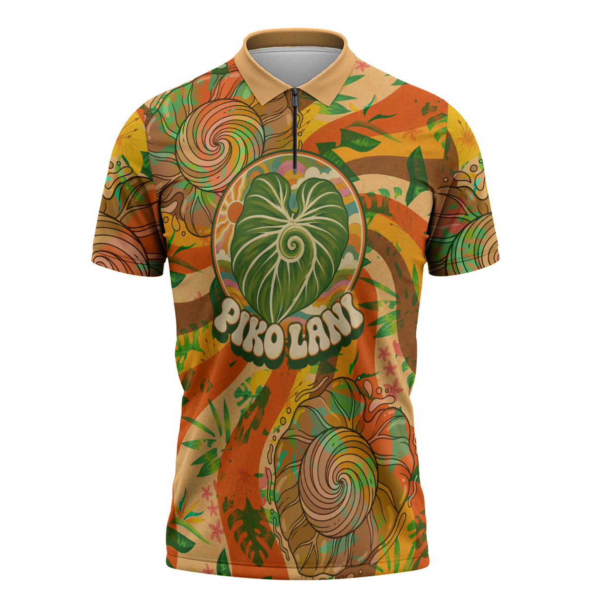 Hawaiian Piko Lani Cultivate I Ka Piko Aloha Zipper Polo Shirt Retro Psychedelic Taro Leaf - Hibiscus Flowers