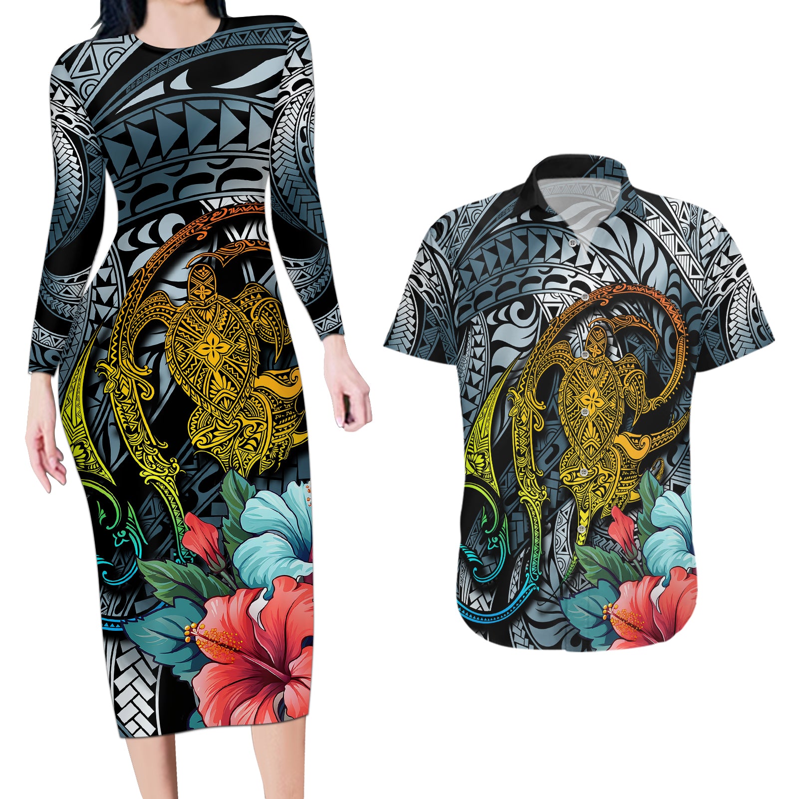 Hawaii Turtle Couples Matching Long Sleeve Bodycon Dress and Hawaiian Shirt Hawaii Pattern and Turtle Tattoo Dark Cyan Gradient TS04 Gradient - Polynesian Pride