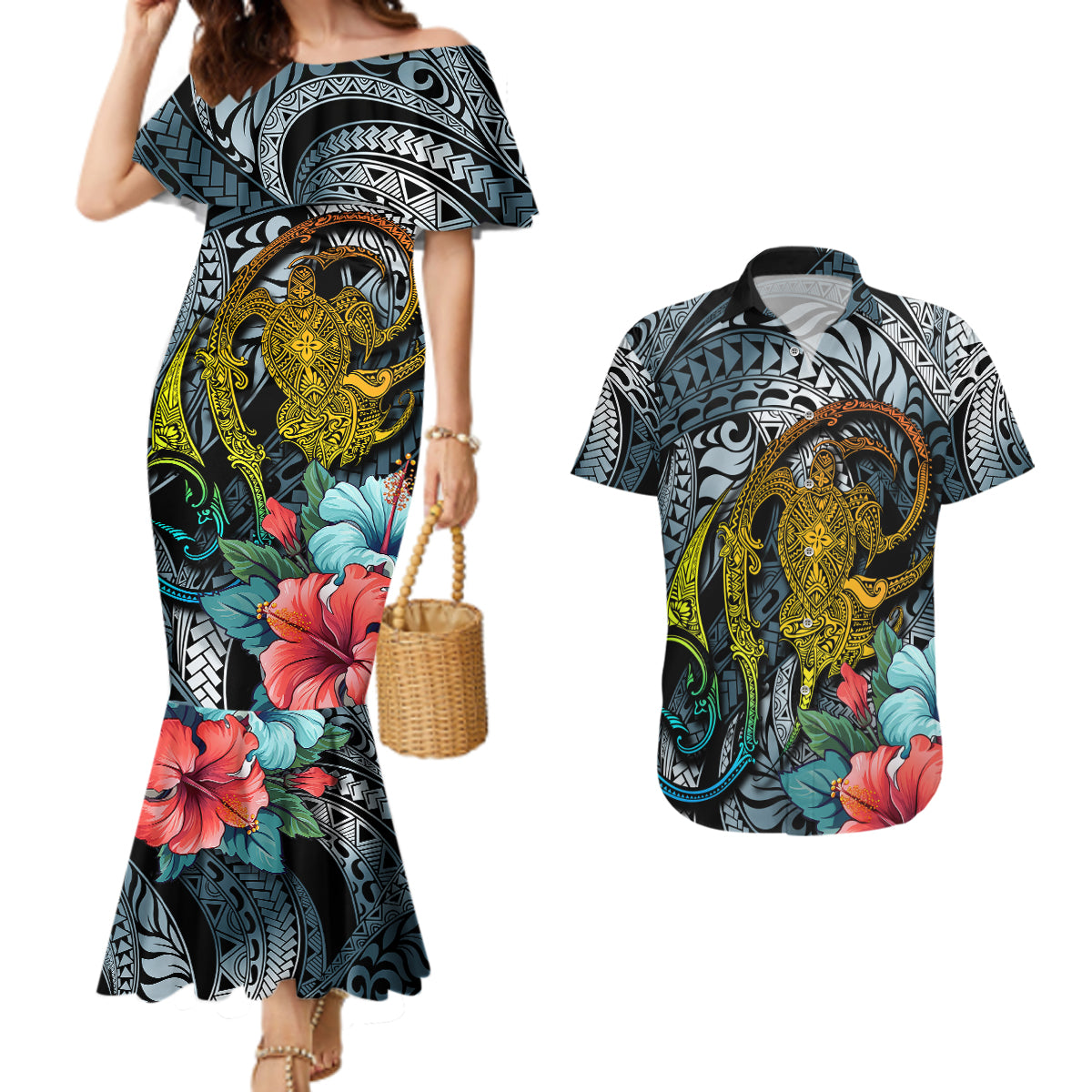 Hawaii Turtle Couples Matching Mermaid Dress and Hawaiian Shirt Hawaii Pattern and Turtle Tattoo Dark Cyan Gradient TS04 Gradient - Polynesian Pride