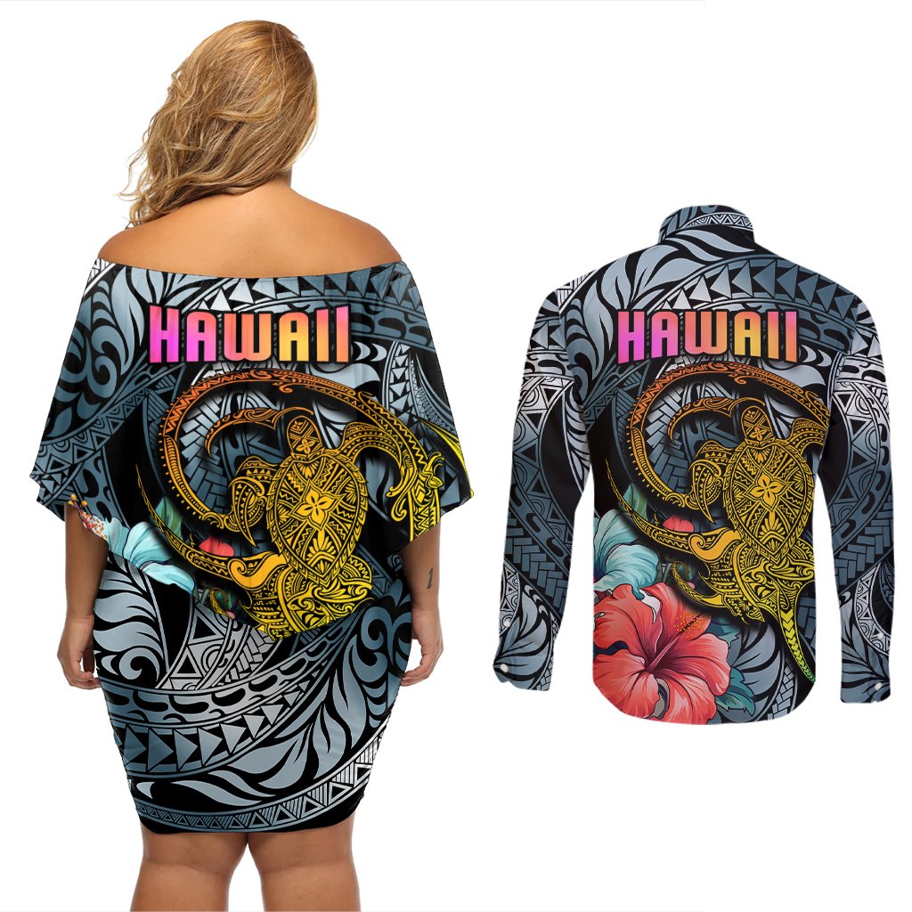 Hawaii Turtle Couples Matching Off Shoulder Short Dress and Long Sleeve Button Shirts Hawaii Pattern and Turtle Tattoo Dark Cyan Gradient TS04 - Polynesian Pride