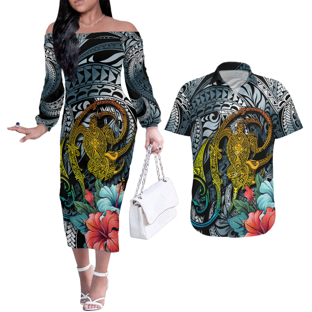 Hawaii Turtle Couples Matching Off The Shoulder Long Sleeve Dress and Hawaiian Shirt Hawaii Pattern and Turtle Tattoo Dark Cyan Gradient TS04 Gradient - Polynesian Pride