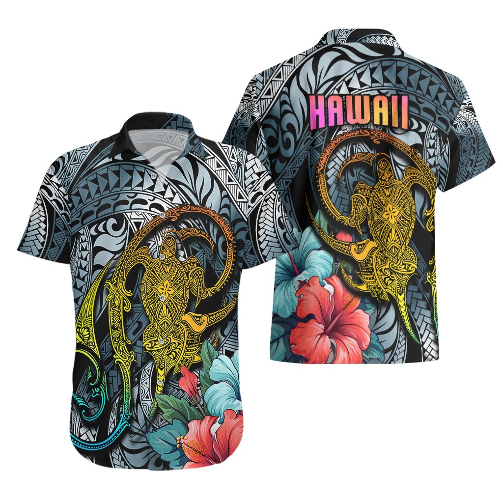 Hawaii Turtle Hawaiian Shirt Hawaii Pattern and Turtle Tattoo Dark Cyan Gradient TS04 - Polynesian Pride
