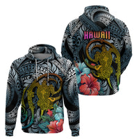 Hawaii Turtle Hoodie Hawaii Pattern and Turtle Tattoo Dark Cyan Gradient TS04 - Polynesian Pride
