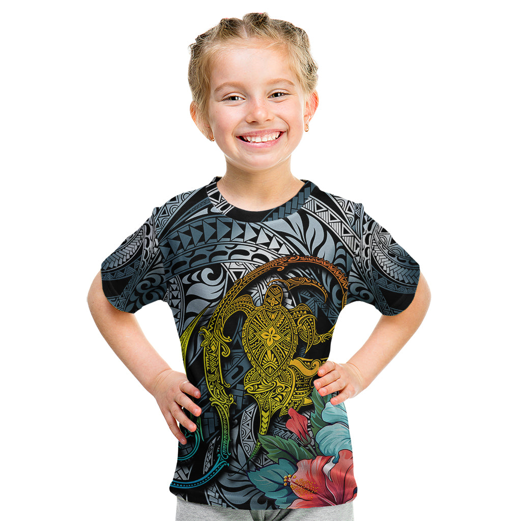 Hawaii Turtle Kid T Shirt Hawaii Pattern and Turtle Tattoo Dark Cyan Gradient TS04 Gradient - Polynesian Pride