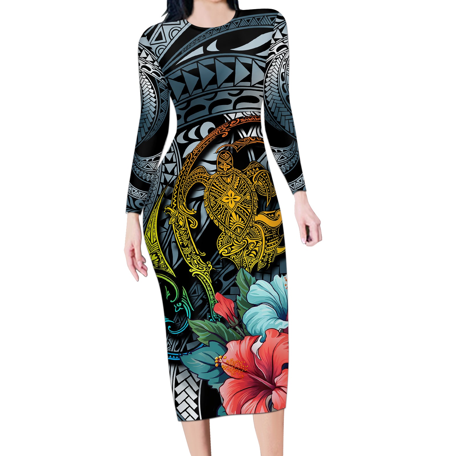 Hawaii Turtle Long Sleeve Bodycon Dress Hawaii Pattern and Turtle Tattoo Dark Cyan Gradient TS04 Long Dress Gradient - Polynesian Pride