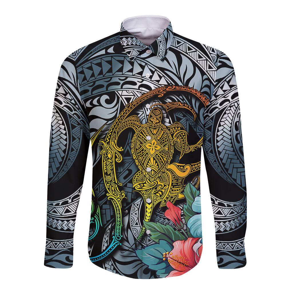 Hawaii Turtle Long Sleeve Button Shirt Hawaii Pattern and Turtle Tattoo Dark Cyan Gradient TS04 Unisex Gradient - Polynesian Pride