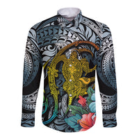 Hawaii Turtle Long Sleeve Button Shirt Hawaii Pattern and Turtle Tattoo Dark Cyan Gradient TS04 Unisex Gradient - Polynesian Pride