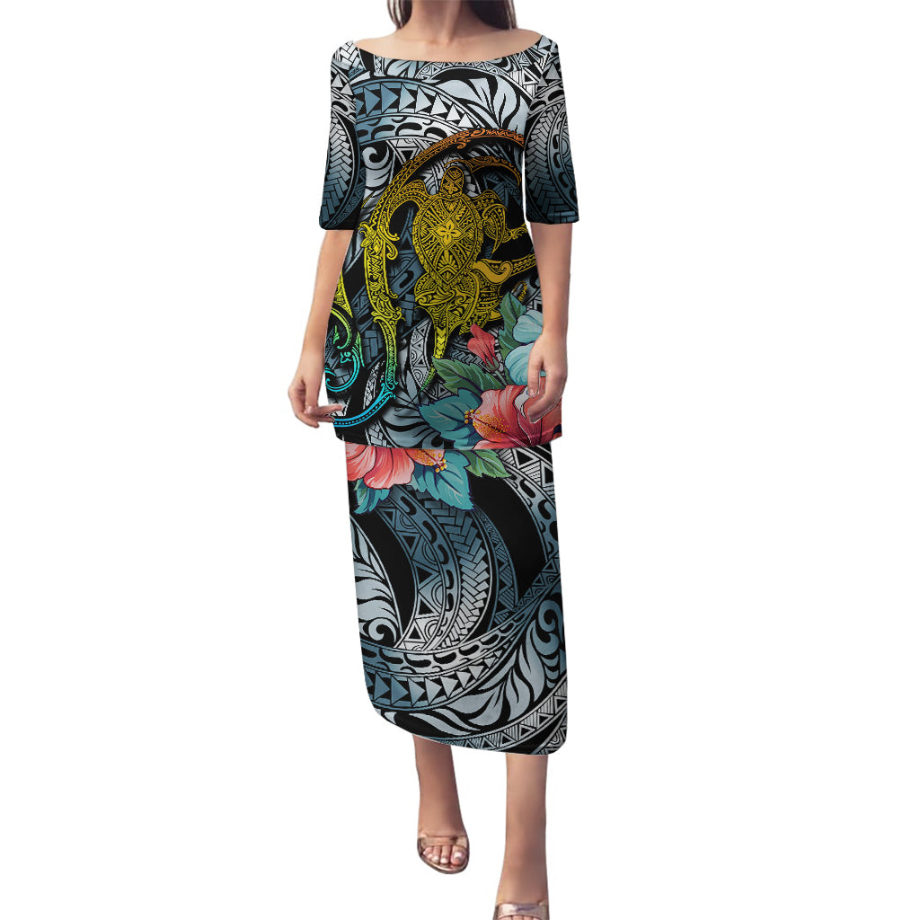 Hawaii Turtle Puletasi Hawaii Pattern and Turtle Tattoo Dark Cyan Gradient TS04 Long Dress Gradient - Polynesian Pride