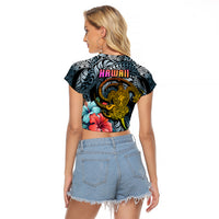 Hawaii Turtle Raglan Cropped T Shirt Hawaii Pattern and Turtle Tattoo Dark Cyan Gradient TS04 - Polynesian Pride