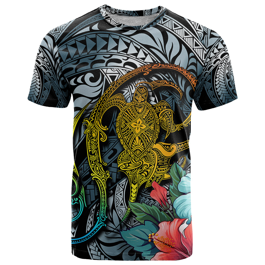 Hawaii Turtle T Shirt Hawaii Pattern and Turtle Tattoo Dark Cyan Gradient TS04 Gradient - Polynesian Pride